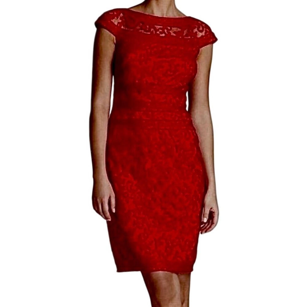 Tadashi Shoji Flame Red Banded Lace Sheath Dress Size 8 Cap Sleeve Cocktail NWOT